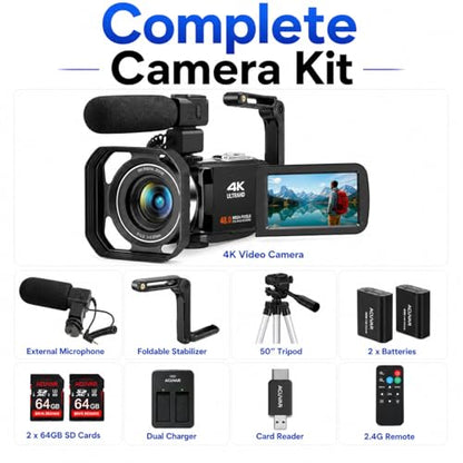 Acuvar 4K Video Camera Camcorder 60FPS 48MP with WiFi, 18X Zoom, Flip Screen, External Mic, Stabilizer & Tripod – Vlogging Camera Kit with 2 Batteries, Dual Charger & 64GB SD Card for YouTube - style: Elite Kit
