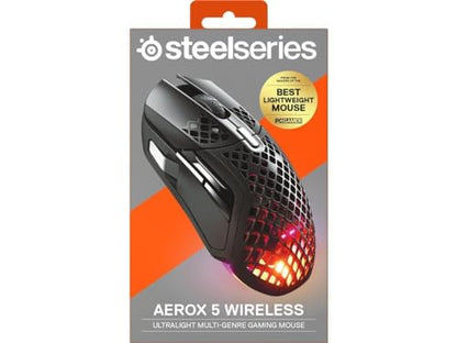 SteelSeries Aerox 5 Wireless - Holey RGB Gaming Mouse - Ultra-lightweight Water Resistant Design - 9 Buttons – Bluetooth/2.4 GHz - 18K DPI TrueMove Air Optical Sensor | 74g lightweight design with 9 programmable buttons and 18000 CPI for precision, durabi