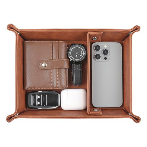Deluxe Leather Tray Desktop Storage Organizer Watch Remote Control Jewelry Cell Phone Wallet Keychain Desktop Storage for Home, Camping Unique Gift Ideas for Men and Friends - color: Classic Brown