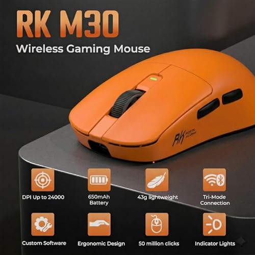 RK ROYAL KLUDGE RK M30 Wireless Gaming Mouse, 43g Ultra-Lightweight Computer Mouse with 2.4GHz/Bluetooth/USB-C, 24000 DPI, Rechargeable PC Game Mice with 5 Programmable Buttons for Win/Mac, Orange - color: orange