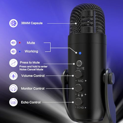 ZealSound Podcast Microphone for PC, Noise Cancellation USB Mic with Gain, Volume Adjustment & Mute Button, Monitoring & Echo, for YouTube, TikTok, Podcasting, Streaming, iPhone, iPad, Android, Mac - color: Black