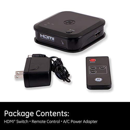 GE 3 Device HDMI Switch, Use with 4K TV Smart TV Roku Xbox PS3 PS4 Fire Stick DVD Blu Ray Fire TV Apple TV HDTV Cable Box PC, Wireless Remote, 4K 1080p 30 FPS, Ultra HD, HDCP 1.4, Black, 31046 - size: 1 Pack