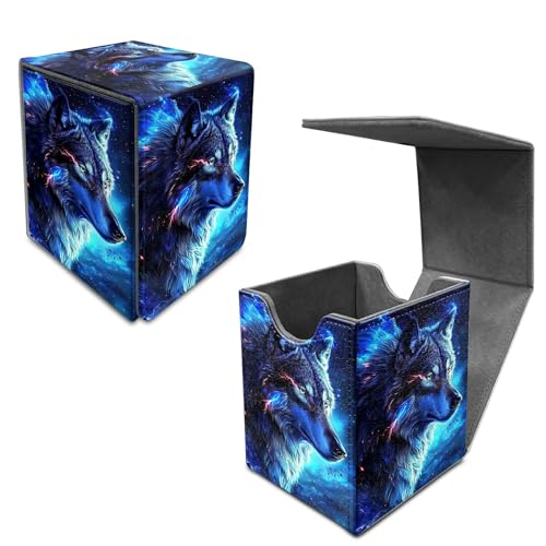 Blue Wolf Deck Box - MTG Commander Case for 100+ Sleeved Trading Cards, PU Leather Magnetic Storage Box for TCG CCG Magic Cards - color: Card Deck Box-579