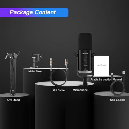 XLR USB Dynamic Microphone for Vocal Recording, Gaming, with Headphone Jack, Volume Control, Mute Button. Cardioid Microphone for Sound Cards, Mixers, PC, MAC (Microphone with Boom Arm Stand) - size: Microphone with Boom Arm Stand