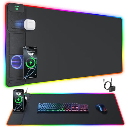 Wireless Charging Mouse Pad with Phone Stand, 31.5"x15.8" Large | Gaming Mousepad RGB Desk Mat, Smooth Glide, Stitched Edge, Non-Slip Rubber Base, Waterproof Keyboard Mat, with Adatper - color: RGB-Stand-Adatper