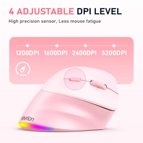 MEETION Ergonomic Wireless Vertical Mouse, Rechargeable, Pink | Bluetooth 5.2 + 3.0 and USB connectivity, RGB backlight, 4 DPI adjustment, compatible with Windows, Mac, Android, PC and iPad - color: Right Pink