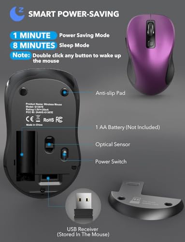 Trueque Wireless Mouse for Laptop, 2.4GHz Ergonomic Computer Mouse with Back & Forward Buttons, 3 Adjustable DPI Levels, 6 Buttons, Optical USB Cordless Mice for Windows PC (Purple, 1 Pack) | 2.4GHz USB receiver, back/forward buttons, 3 adjustable DPI lev