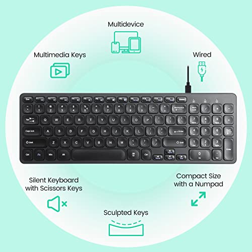 Perixx PERIBOARD-215B US, Wired Keyboard - Ultra Slim Scissor Keys - 2 Built-in USB-A & USB-C Ports - Detachable Cable - Black - US English - style: Wired with 4 Hubs