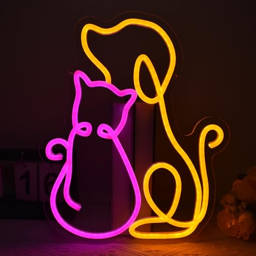 Cat and Dog Neon Sign Cute Pet Couple LED Neon Sign for Wall Decor, Dimmable Neon Light for Bedroom Pet Shop Living Room Bar Coffee Shop Gift for Animal Lovers - color: Pink and yellow,MaoGou