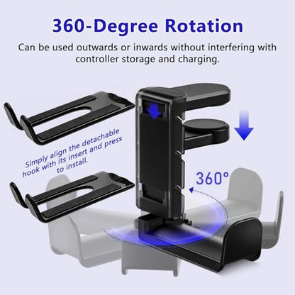 3-in-1 Gaming Headset Stand with Controller Holders Clamp-on Under Desk Rotating Headphone Hanger Adjustable PC Desk Headphone Holder with Cable Organizer - color: black