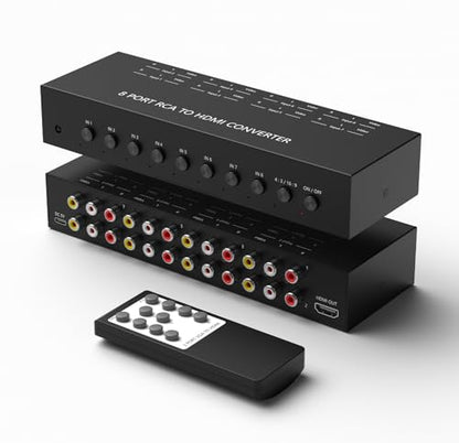 8Port AV to HDMI Converter Adapter Support 16:9/4:3 Switch for Wii/N64/PS1/PS2/PS3/VHS/VCR/DVD Players etc (8Port RCA in to 1 HDMI Converter with IR Remote) - style: 8Port AV to HDMI Converter