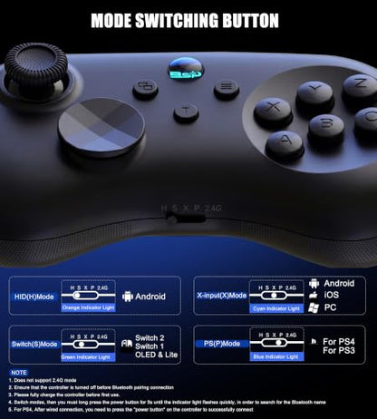 Wireless Fighting Controller for iOS/Android/Switch/PS4/PS3/PC, 6-Button Layout Bluetooth Controllers Retro Gamepad with Hall Joystick/Hall Trigger/Turbo/Programming Key for SEGA’s Classic Games,Black. - color: Black