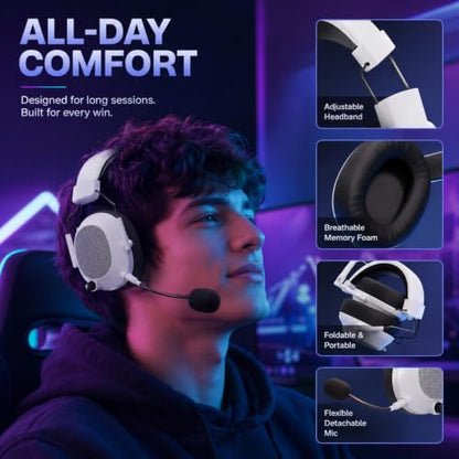Wireless Gaming Headset for PC, PS5, PS4 and Mac, 2.4GHz Low Latency Gaming Headphones with Bluetooth 5.3, Noise Canceling Mic, RGB Light, Surround Sound, 50H Battery, Tac Master White
