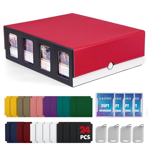 UAONO Trading Card Storage Box with Commander Display, Red White | 2400+ Deck Box for MTG with Removable Cover, Top Loaders Card Case Fits Magic TCG PTCG Sports Cards, 24 Dividers, 4 Stoppers - color: Red& White, size: 4 row