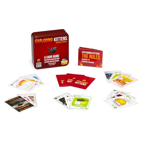 Exploding Kittens Original Edition in Collectible Tin - Fun & Hilarious Card Game for Kids and Adults, Ideal for Party Family Game Night and Party, 56 Cards Included | Draw cards, betray friends, and try not to explode! The quick-to-learn family card game