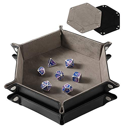 Grajar 2 Pcs Portable Folding Dice Rolling Tray Set for RPG DND Table Games - PU Leather and Velvet Holder Storage Box - Black and Grey… - color: Black and Grey