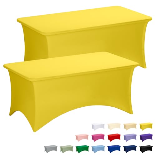 Fixwal Yellow Stretch Table Cloth Rectangle 2 Pack 6Ft, Spandex Fitted Table Covers Washable for Party, Trade Show, Banquet, Wedding, Buffet - color: Yellow, size: 6 Ft