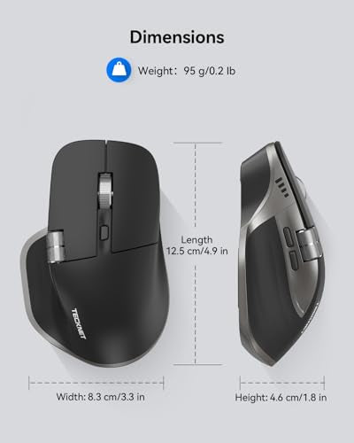 TECKNET Wireless Mouse, Bluetooth Mouse (BT5.3/5.0 & 2.4G) Rechargeable Ergonomic Optical Mouse with 6 Adjustable DPI, Side Scroll, Quiet Clicks, USB A Receiver, 7 Buttons, Wide Compatibility - Grey - color: Grey