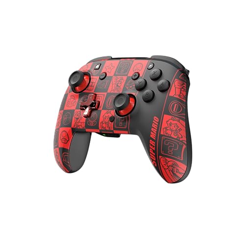 PDP REMATCH GLOW Enhanced Wireless Nintendo Switch Pro Controller, Rechargeable 40 hour battery power, Dual Programmable Gaming Buttons, 30-foot Connection, Super Mario Icon (Black/Red Glow in the Dark)