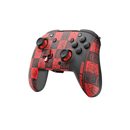 PDP REMATCH GLOW Enhanced Wireless Nintendo Switch Pro Controller, Rechargeable 40 hour battery power, Dual Programmable Gaming Buttons, 30-foot Connection, Super Mario Icon (Black/Red Glow in the Dark)