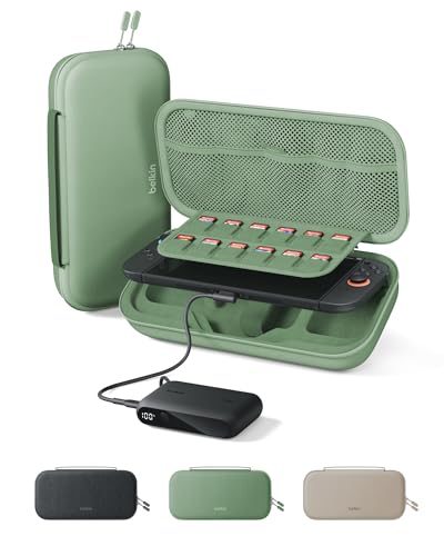 Belkin Nintendo Switch 2 Charging Case with 10000mAh Power Bank Charger 20W | Hard Shell Protective Carrying Case with Removable 10000mAh Power Bank, 12 Game Card Slot, AirTag Pocket, Travel Protection - color: Sage