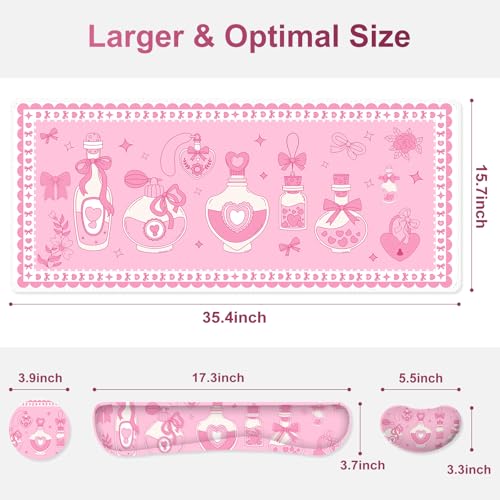 Desk Mat Pad, Gaming Mouse Pad Wrist Support Set, 4 in1 Non-Slip XXL Large Mousepad + Ergonomic Keyboard Wrist Rest+Mouse Wrist Rest+Coaster for Home Office Computer I Pink Kawaii Bow Bottle - color: Pink Kawaii Bow Bottle