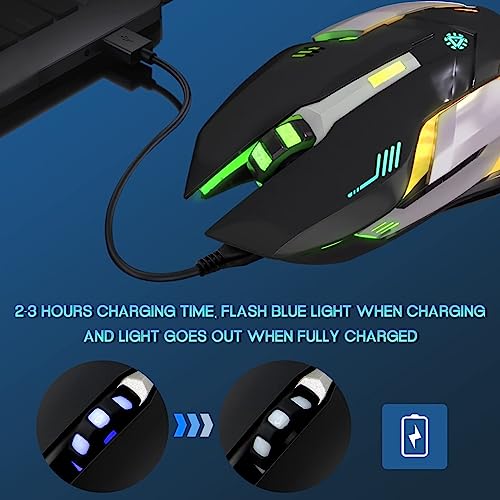 VEGCOO Wireless Gaming Mouse, C8 Silent Click Wireless Rechargeable Mouse with Colorful LED Lights and 3 Level DPI 400mah Lithium Battery for Laptop and Computer (Black) - color: Black