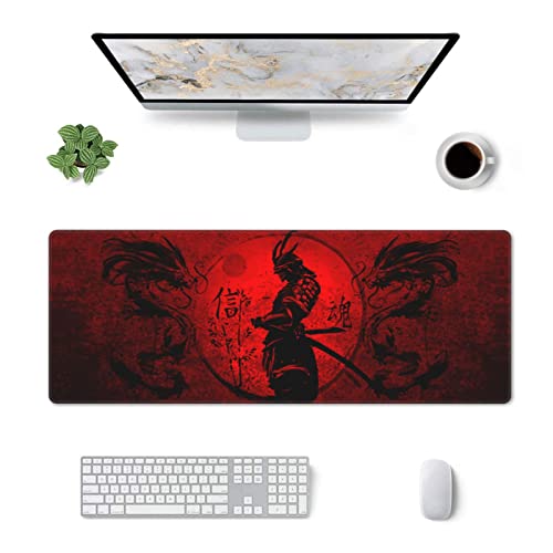 Japanese Samurai Mouse Pad XL Extended Desk Mat, Computer Mousepad | Cool Anime Red And Black Dragon Non Slip Rubber, Base Stitched Edge, Gaming Pc Large Mice Pad 31.5 x 11.8 Inch - color: Black5