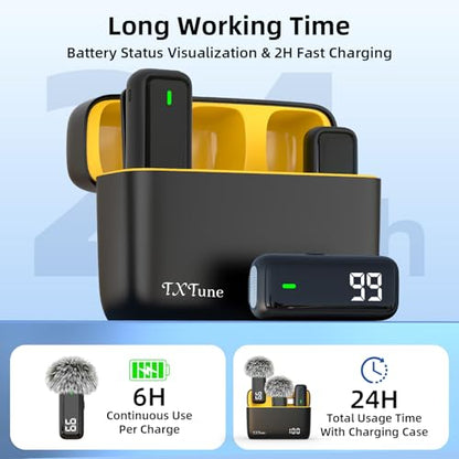 Wireless Microphone for iPhone Android Phone, USB C Mini Clip on Mic | Noise Canceling, 24H Battery Life with Charging Case, 70Ft Range, Lavalier Mic for Content Creators Video Recording Vlogging