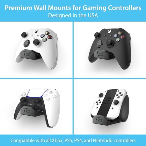 TotalMount Controller Wall Mounts – Removable Adhesive – Non-Slip (4 Pack) | Designed in USA: For PS5, Xbox, and Nintendo Controllers – Stands Won’t Damage Your Wall With Screws or Permanent Adhesive - color: Premium Black – Four Pack