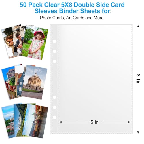 50 Pack 5x8 Clear Binder Sheets Sleeves - 6 Ring A5 Binder Inserts - Plastic Pockets for Index Cards,Photocards,Postcards,Pictures, Stickers,and Cash Organizer - 6 Hole Refill Pages Sheet Protector. - size: 5" x 8"