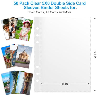 50 Pack 5x8 Clear Binder Sheets Sleeves - 6 Ring A5 Binder Inserts - Plastic Pockets for Index Cards,Photocards,Postcards,Pictures, Stickers,and Cash Organizer - 6 Hole Refill Pages Sheet Protector. - size: 5" x 8"