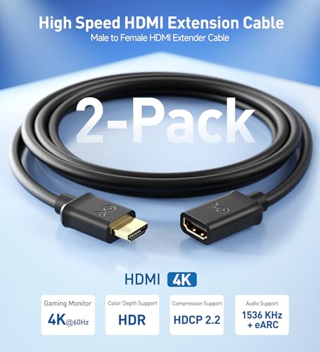 Cable Matters 2-Pack 4K High Speed HDMI Extension Cable, M-F, 10ft | 4K@60Hz, Male to Female, HDMI Extender Cable, with Ethernet, 3D and 4K Resolution Ready - size: 10 Feet