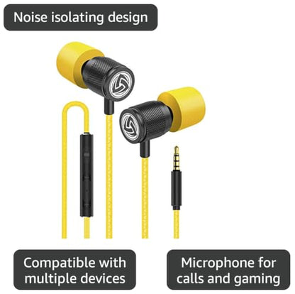 LUDOS Ultra Wired Earbuds in-Ear Headphones, 5 Years Warranty, Earphones with Microphone, Noise Isolating Ear Buds, Memory Foam for iPhone, Samsung, School Students, Kids, Women, Small Ears - Yellow - color: Yellow, style: 3.5 mm