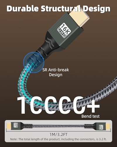 16K HDTV 2.2 HDR Cable with 16K@60Hz,12k@120 8K@240Hz,4K@480Hz for PC Laptop,TV,Monitor,Projector(1M/3.2FT) - style: 1M/3.2FT