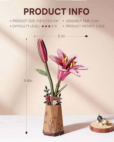 3D Flower Wooden Puzzles for Adults-Pink Lily, DIY Wooden Flowers Model Kit Building Set Crafts Birthday Gifts Women, Artificial Botanical Collection Creative Gift Ideas/Housewarming (73PCS) - style: TW - Pink Lily