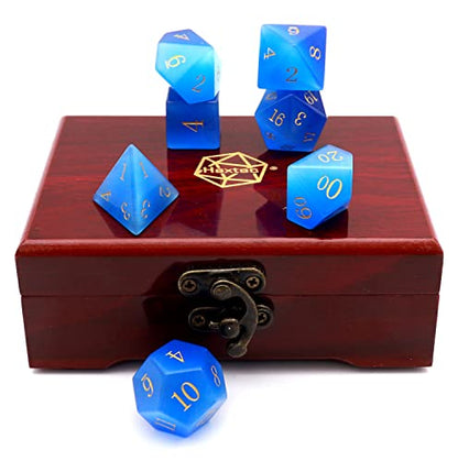Haxtec Cat Eye Stone Dice Set Blue Gemstone Polyhedral Dice W/Wood Dice Case Compatible with Dungeons and Dragons D&D Gift Tabletop RPG Role Playing Games - color: Blue Gold