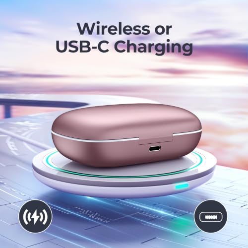 Active Noise Cancelling Ear Buds Wireless Earbuds 90Hrs Playtime Bluetooth Headphones with Hi-Res Stereo Deep Bass Power Display Earphones with Earhooks Waterproof Transparency Headset for Sports/Gym - color: Rose Pink