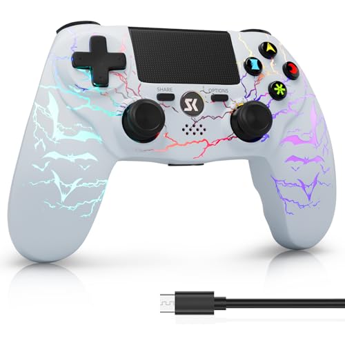ISHAKO Controller for PS4, Light-up Game Controller for Sony PlayStation 4/Pro/Slim/PC Windows, Control with RGB Light,1000mah Battery, Double Vibration, 6-Axis Motion Control, 3.5mm Audio Jack - White - color: White