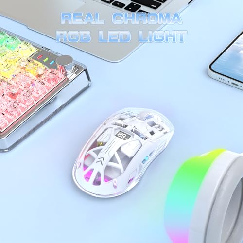 ZIYOU LANG A2 Transparent Wireless Gaming Mouse with Battery Level Display,Bluetooth/2.4G Wireless PC Mice,3D RGB Backlit,5 Million Clicks,PixArt 3212,up to 4000 DPI for Win/MAC (White) - color: White
