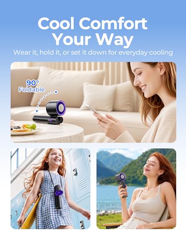 Portable Handheld Turbo Fan with Cooling Plate, 1-199 Speeds, LED Display | 4000mAh USB-C rechargeable battery, 15000 RPM motor, neck and desk modes for travel, office and camping - color: Grey Purple