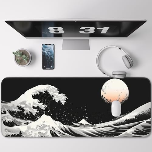 Gaming Mouse Pad, Japanese Mouse Pad, Non-Slip Rubber Base, for Laptop, Office and Home, 31.5x11.8 Inch Desktop Waterproof Desk Pad, Ocean Wave Anime Black Gaming - color: Kanagawa Kuroshio