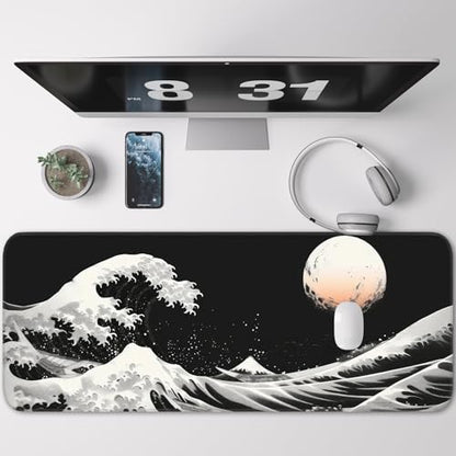 Gaming Mouse Pad, Japanese Mouse Pad, Non-Slip Rubber Base, for Laptop, Office and Home, 31.5x11.8 Inch Desktop Waterproof Desk Pad, Ocean Wave Anime Black Gaming - color: Kanagawa Kuroshio