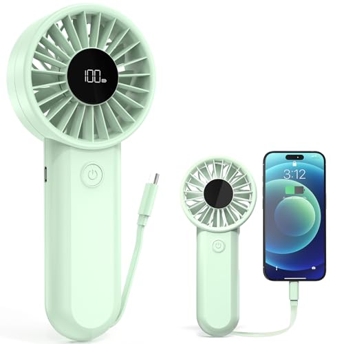 AMACOOL Handheld Fan Rechargeable, Built-in Type-C Cable, 5-Speed Personal Fan with LED Display, Max 12H Runtime, Portable Fans for Travel Outdoor Cruise Makeup, Gifts for Women Stylish Girl (Green) - color: Green
