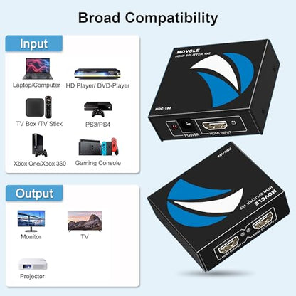 HDMI Splitter 1 in 2 Out, 4K HDMI Splitter for Dual Monitors | Dual Monitors Adapter Support 4K 3D 1080P, Compatible for PS4 Blu-Ray Player FireStick HDTV and More - size: 1 in 2 out