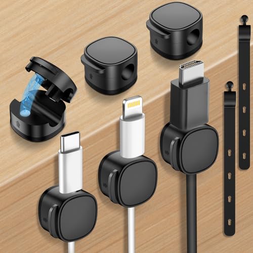6 Pack,Magnetic Cable Clips & Silicon Cable Ties Cable Organizer | [Cable Smooth Adjustable Under Desk Organizer],Cable Management,Cord Holder-Desk Stand Holding,Adhesive Home Cable Keeper - color: Black