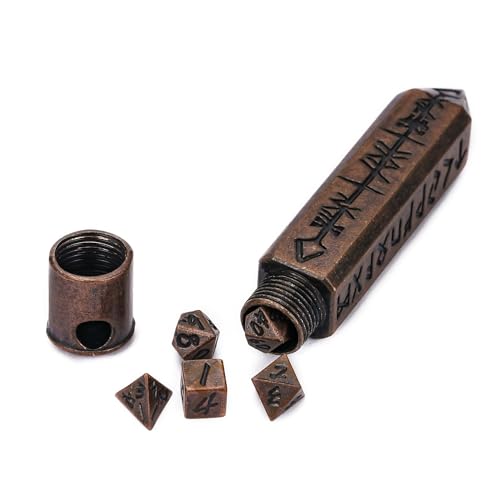Mini Dice Set with Rune Keychain Case,7PCS Polyhedral Metal Dice Set for DND Role Playing Games(Red Copper) - color: Red Copper