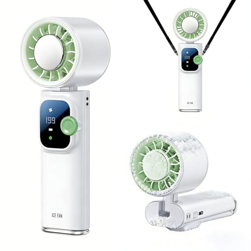 Portable Handheld Fan with Ice Cooling Personal Rechargeable Mini Neck Fan | 20000RPM,199-Speed 4000mAh Battery Powered up to 15hrs with LED Display for Travel, Camping & Outdoor, White - color: White-Green