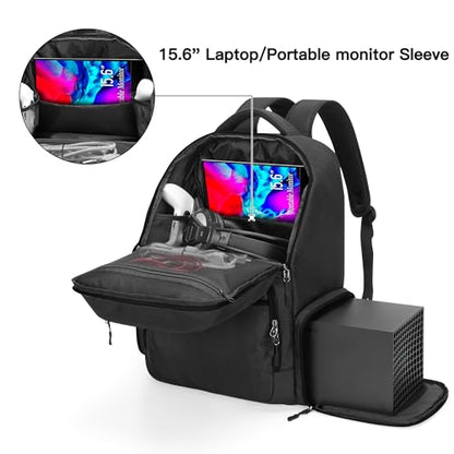 Trunab Backpack Compatible with Xbox Series X/S, Carry Case with Divider | Game Storage Bag Fits 15.6" Laptop, Controller & Cables, Padded Pockets for Gaming Accessories - color: Black Zip
