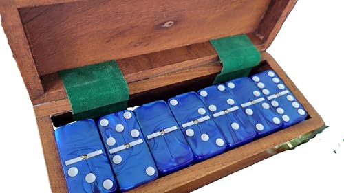 Marion Domino Double Six Dark Blue Marbleized Jumbo Tournament Professional Size with Spinners in Dovetail Sheesham Wood Box. - color: Blue Marbleized